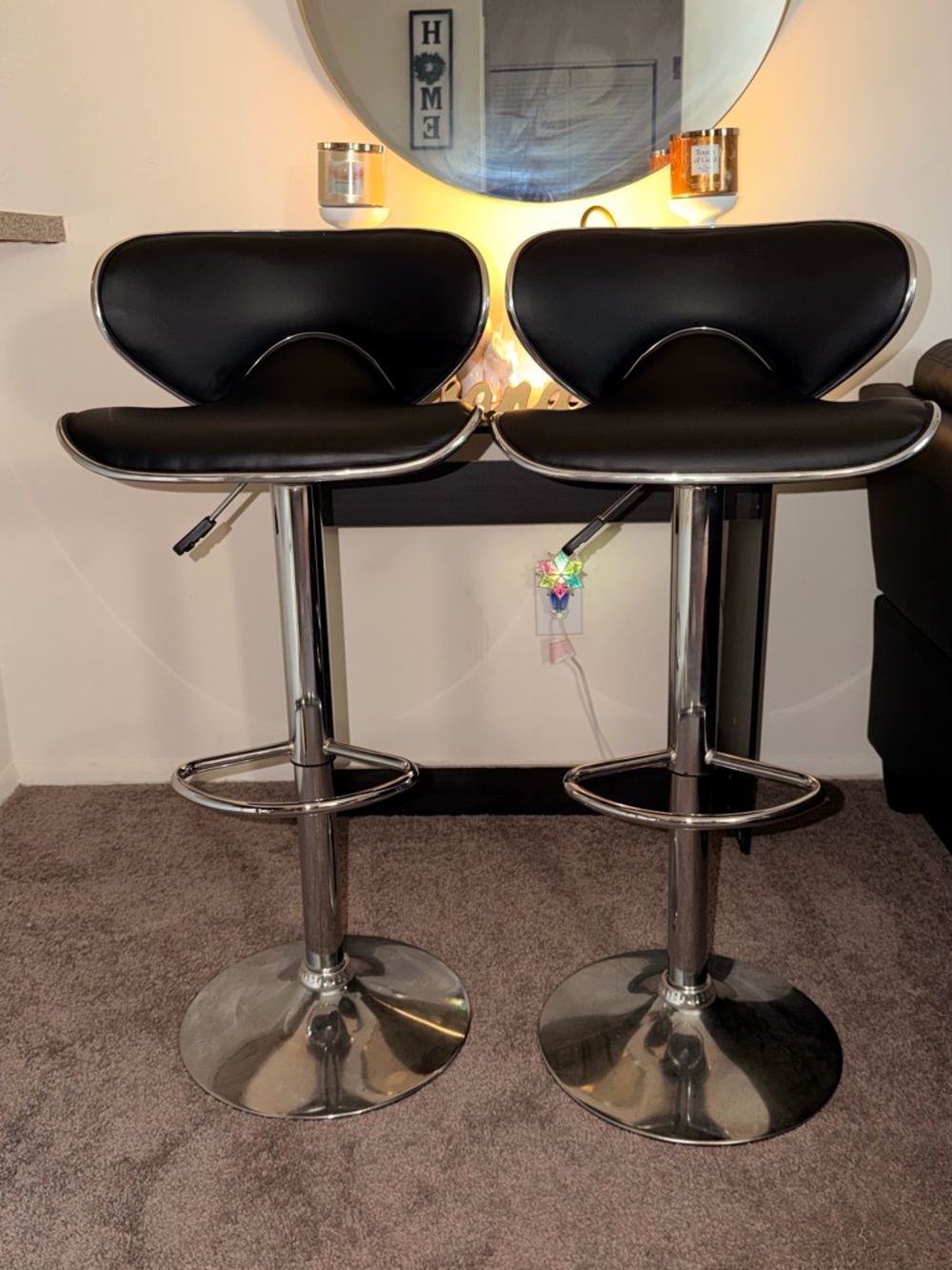 Modern Black Adjustable Bar Stools with Chrome Base - Set of 2